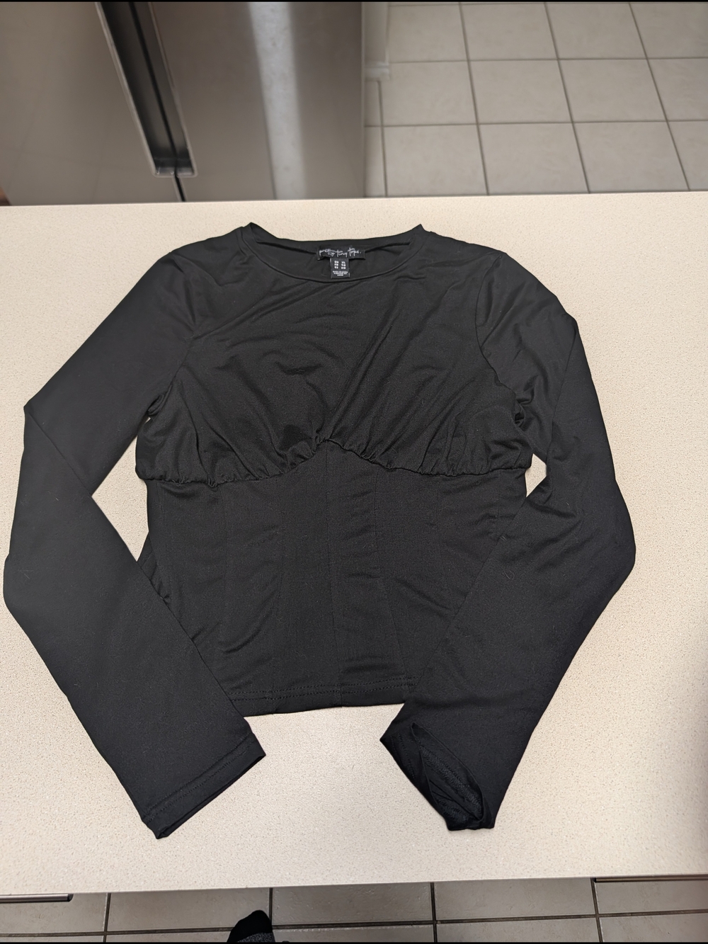 Black Long-Sleeve Ruched Bust Women's Top
